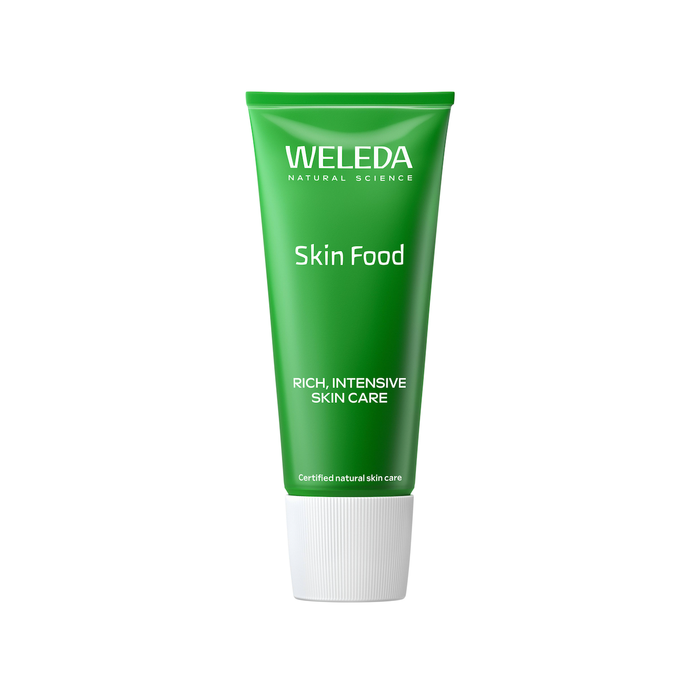 Green tube of Weleda Skin Food on a white background